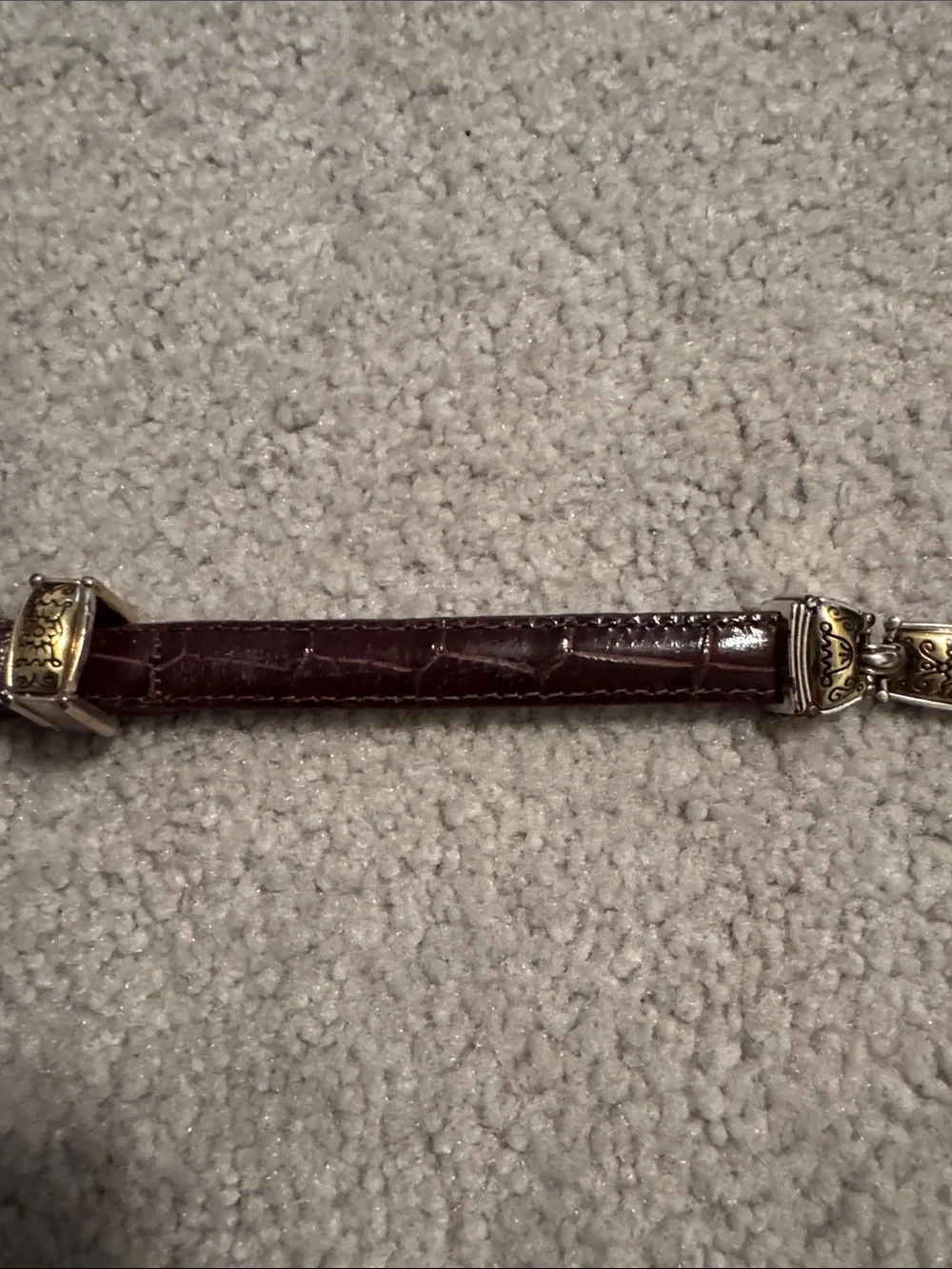 Brighton Thin Croc Embossed Brown Leather Belt with Silver Gold-Tone Accents